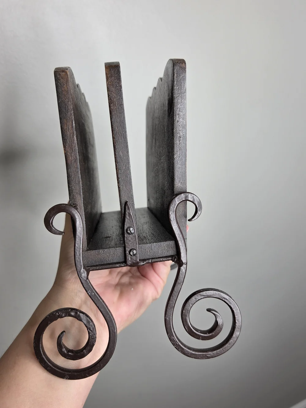Vintage Wooden Desk Top Or Napkin Holder Scrolled Iron Legs